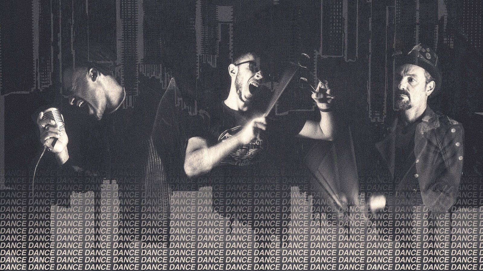 The Nothing en pleine performance live, trio en noir et blanc, texture « DANCE DANCE » en surimpression